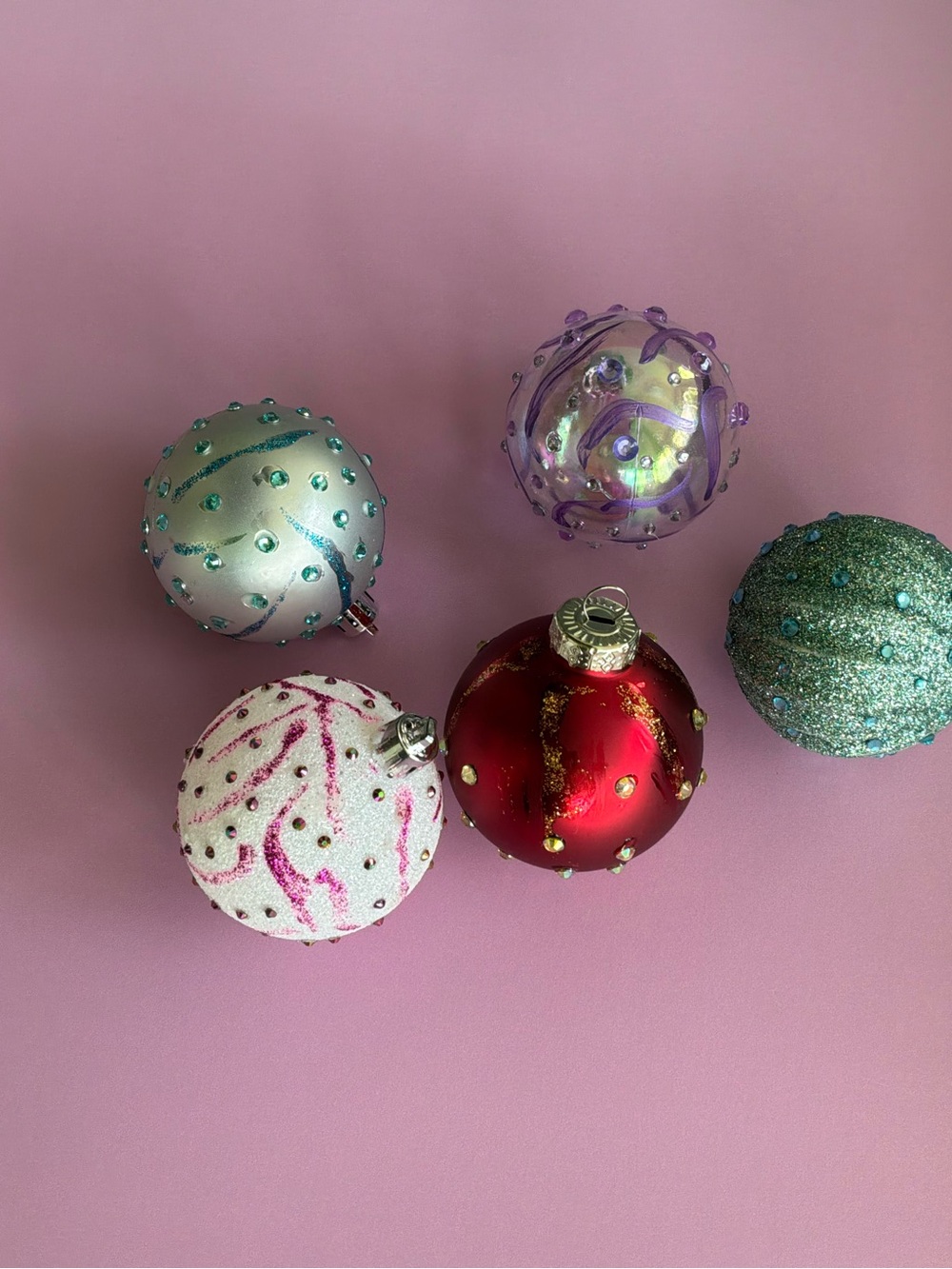 Hand Crafted Red, White, Green, Purple, Aqua Holiday Ornament Set